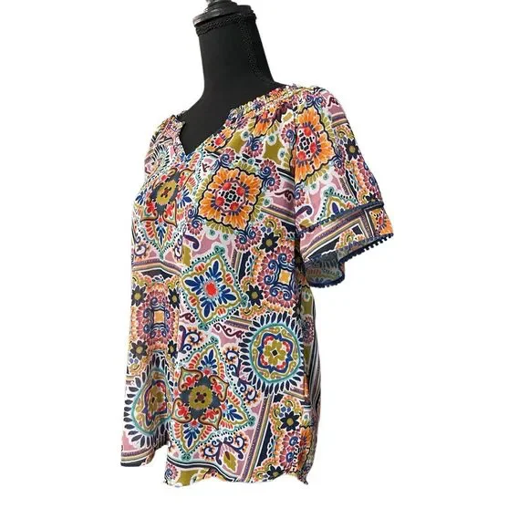Democracy Women’s Smocked Neck Bohemian Style Top/Blouse Large - Picture 3 of 11